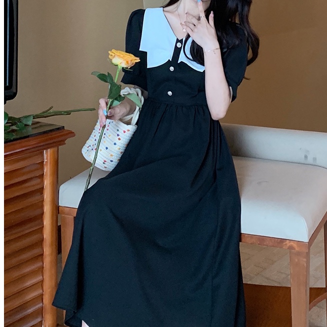 Đầm midi SUXI tay ngắn cổ chữ V màu đen dáng chữ A phong cách vintage thời trang mùa hè cho nữ