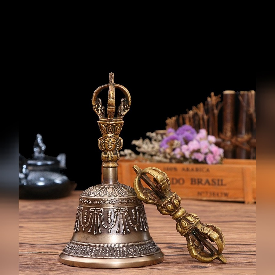 |5 Cạnh| Chuông Chùy Kim Cang   Bằng Đồng Thủ Công Nepal Cao Cấp