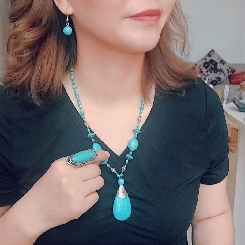 Set 3 Vòng cổ + Bông Tai Đính Đá Ngọc Lam Phong Cách Vintage