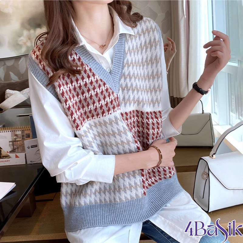 Áo gile nữ 4BASIC, áo len chất dày dặn họa tiết ziczac phối màu phong cách Hàn Quốc siêu xinh - Len01