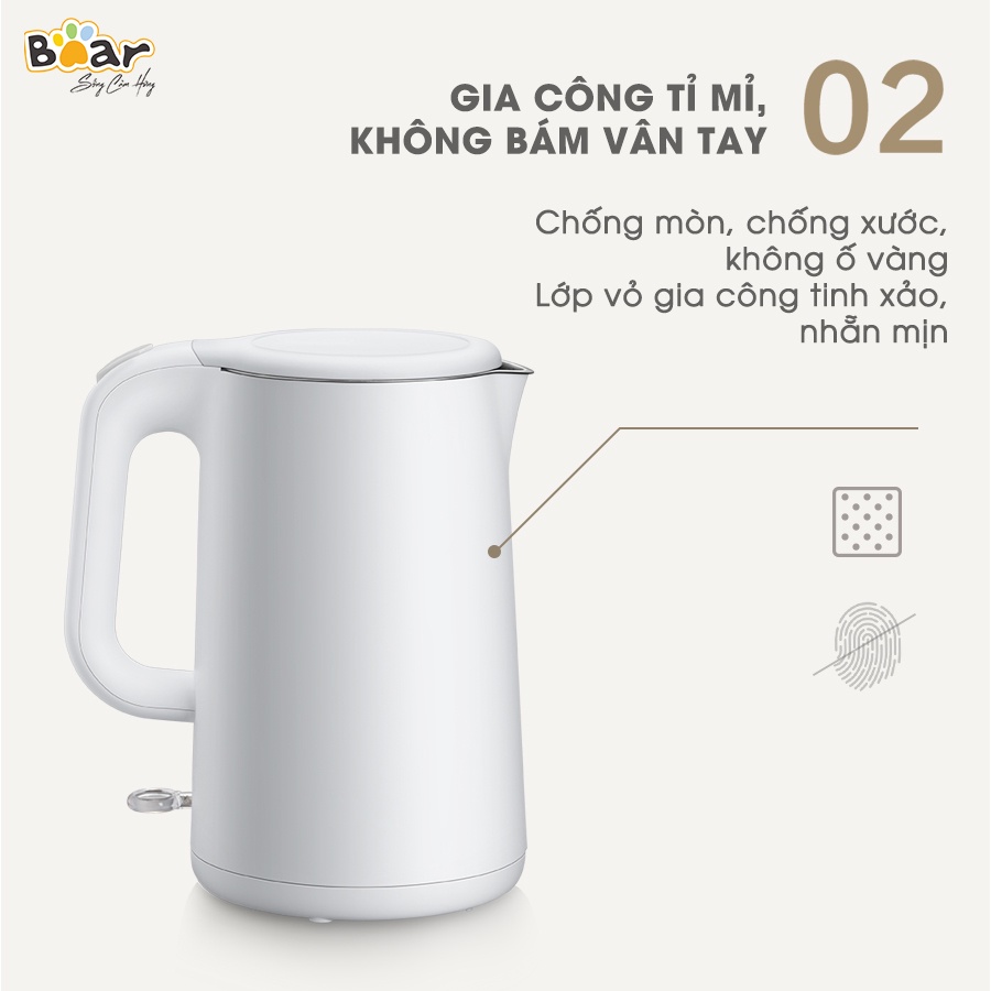 [Bear Chính Hãng]Bình đun nước siêu tốc Bear ZDH-B15T1 1.5L màu trắng, công suất 1500W, lõi ấm Inox 304 cao cấp,tiện ích