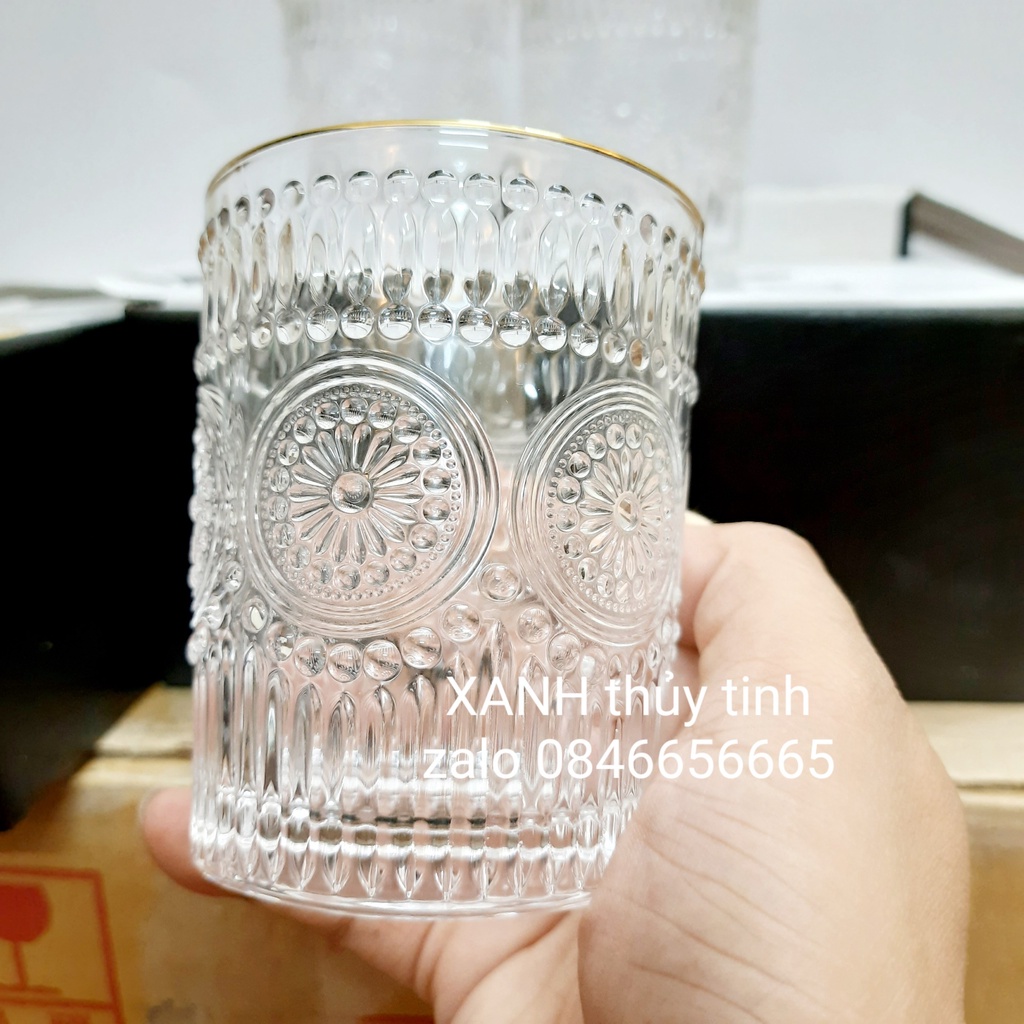 Cốc thủy tinh họa tiết Mặt trời (RETRO) sang trọng, cổ điển viền vàng 300ml - 365ml (1 chiếc)