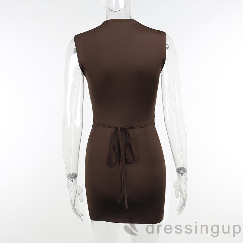 Đầm Cổ Tròn Không Tay Thiết Kế Khoét Rỗng Màu Nâu Thời Trang Quyến Rũ Dành Cho Nữ Size S/M/L