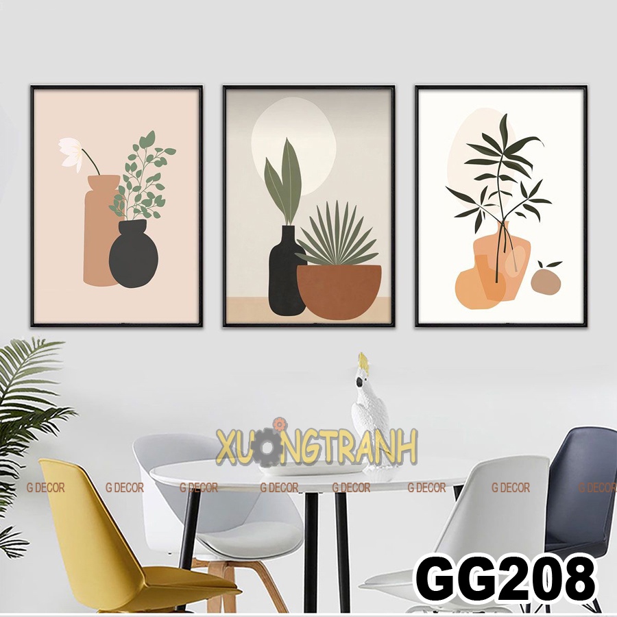 Tranh treo tường canvas 3 bức phong cách Bắc Âu 52, tranh lọ hoa trang trí phòng khách, phòng ngủ, phòng ăn, spa,store
