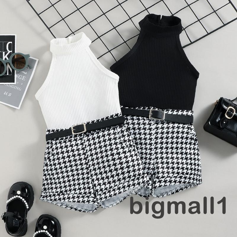 Set Áo Không Tay Cổ Đứng + Quần Short Màu Trơn Kèm Thắt Lưng Cho Bé Gái 9 Tháng Tuổi Và Quần Short