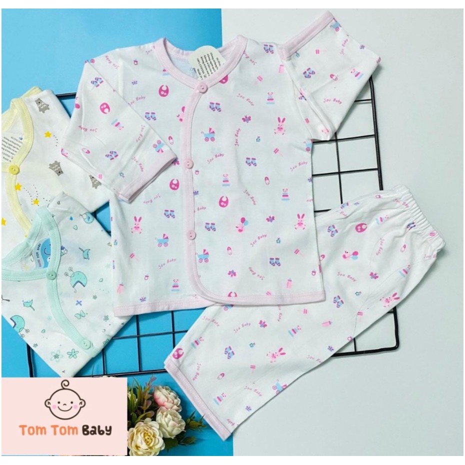 Bộ quần áo sơ sinh Tay Dài Cài Xéo Họa Tiết JOU, chất vải cotton 100% cao cấp mềm, mịn, thoáng mát, hàng giao giống hình