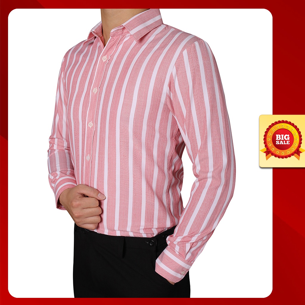 Áo sơ mi kẻ sọc nam tay dài đỏ nhạt theo phong cách sơ mi Hàn Quốc công sở lịch lãm