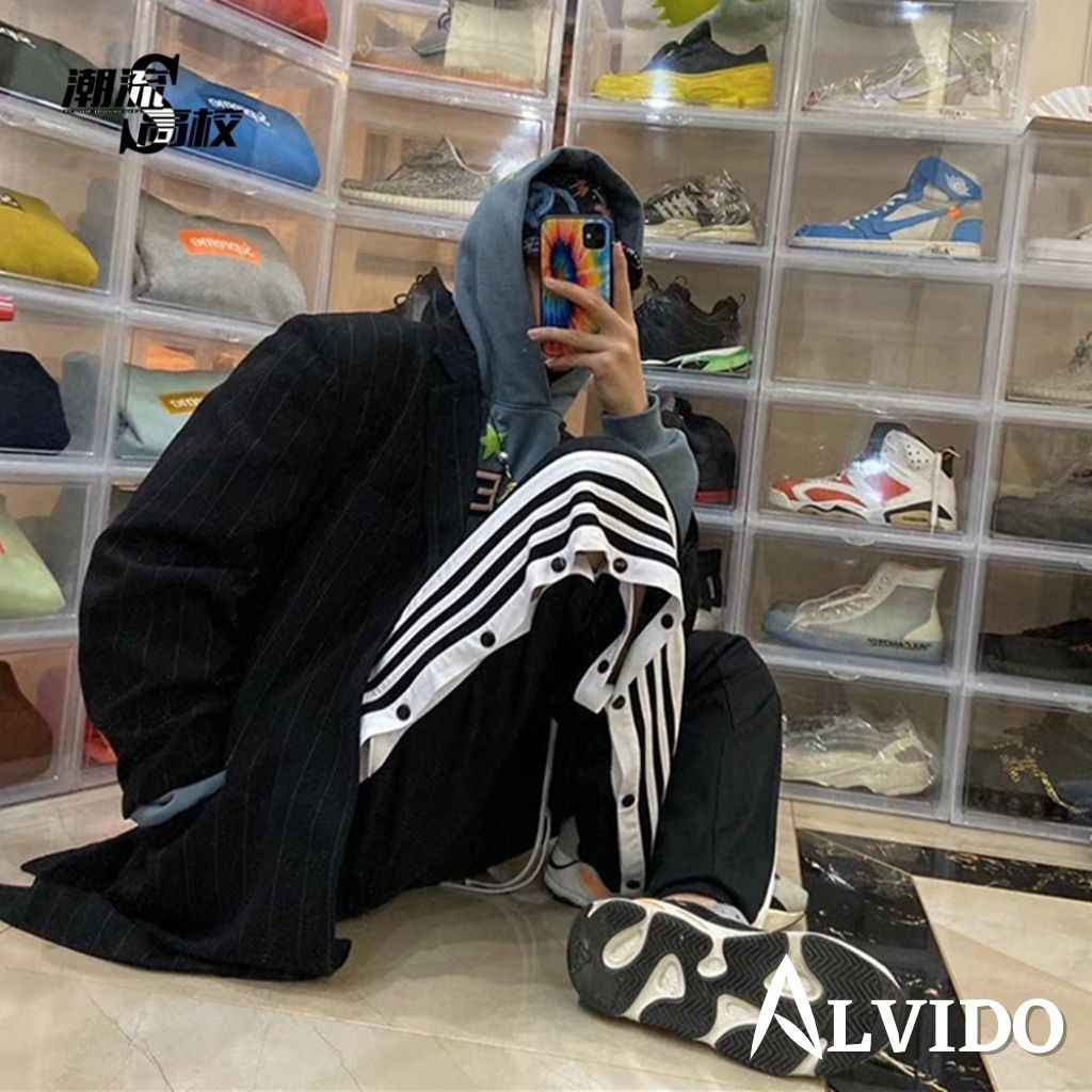 [ẢNH THẬT CUỐI]Quần ống rộng nam CÚC POLY unisex ALVIDO phối ba sọc-khuy nút thun dáng suông cao cấp bigsize thu đông