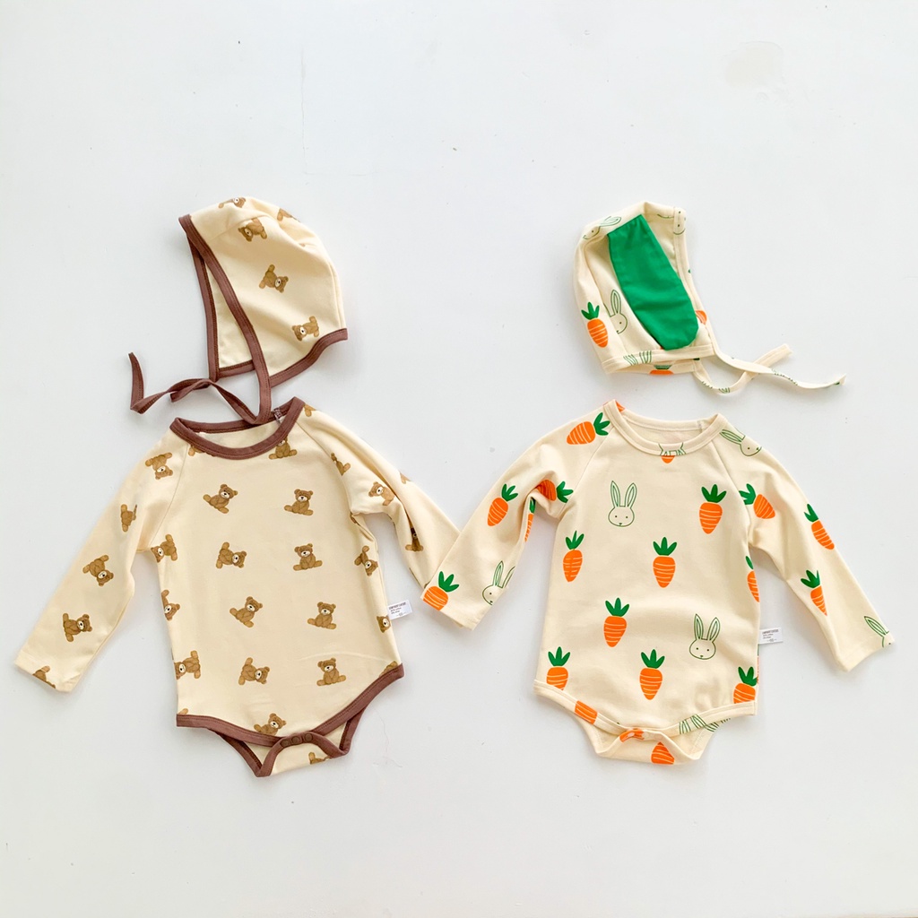 Bộ Áo Liền Quần + Nón In Hình Củ Cà Rốt Dễ Thương Dành Cho Trẻ Sơ Sinh