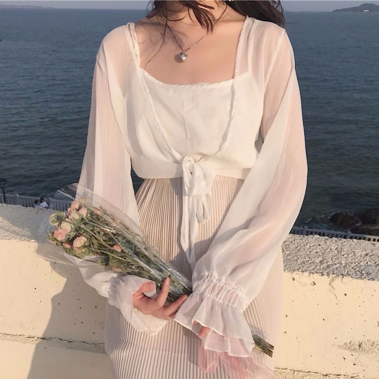 Áo khoác cardigan vải voan tay phồng thiết kế thanh lịch cho nữ F802