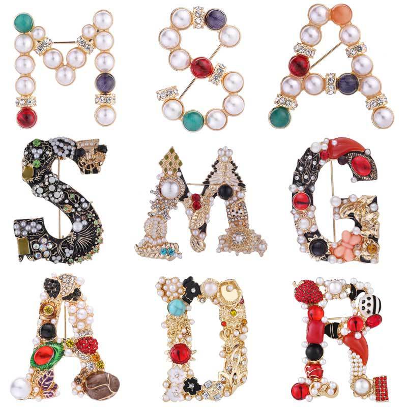 Ghim Cài Áo Hình Chữ Cái Đính Đá Và Ngọc Trai Nhân Tạo Sang Trọng