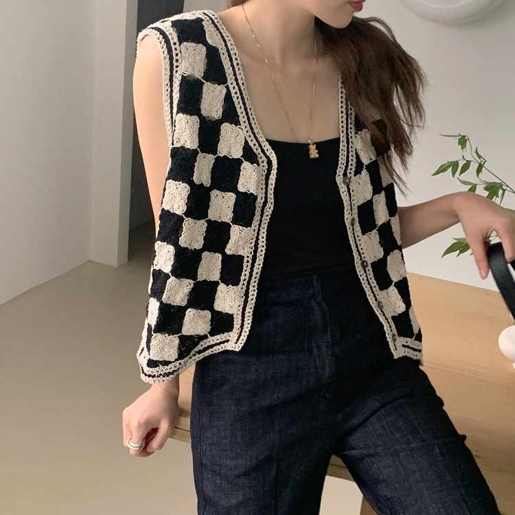 Xiaozhainv Áo Croptop Dệt Kim Không Tay Họa Tiết Kẻ Sọc Caro Cổ Điển Theo Phong Cách Hàn Quốc Duyên Dáng