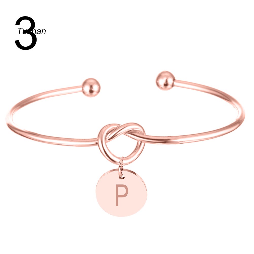 TUSH_Women Knotted Heart Opening Bracelet Letter Carved Metal Disc Charm Cuff Bangle