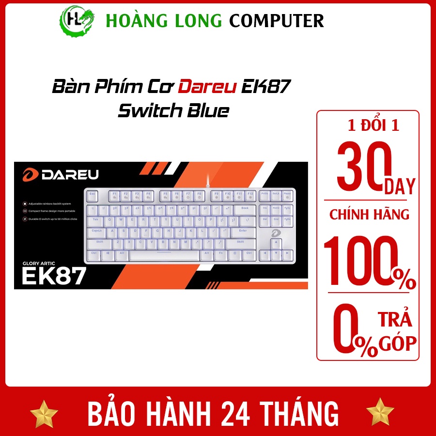 Keyboard Gaming Bàn phím cơ Dareu EK87 White Switch Blue Hoàng Long Computer