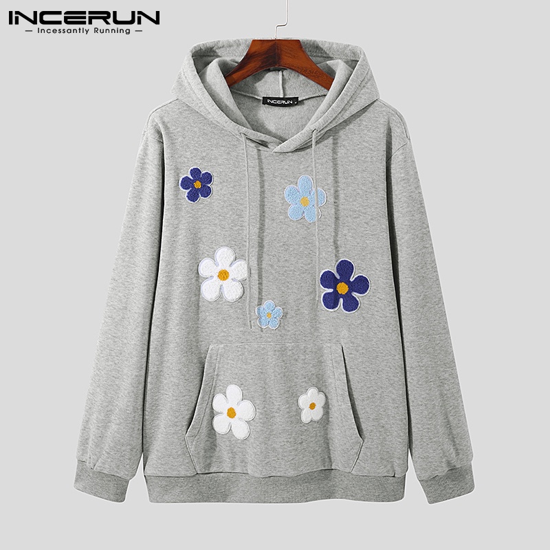 Áo hoodie INCERUN dáng rộng tay dài họa tiết hoa thời trang thu công cho nam
