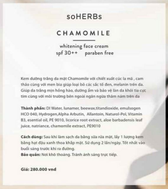 KEM DƯỠNG TÁI TẠO DA CHAMOMILE WHITENING CREAM SOHERBS (20ML)