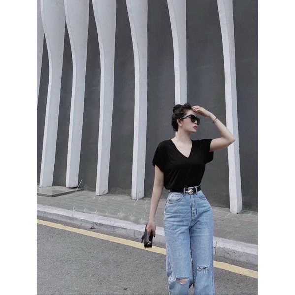 [Ảnh thật/Video]Áo phông cổ tim chất Xước dày dặn hàng loại 1 Áo thun dáng vừa basic