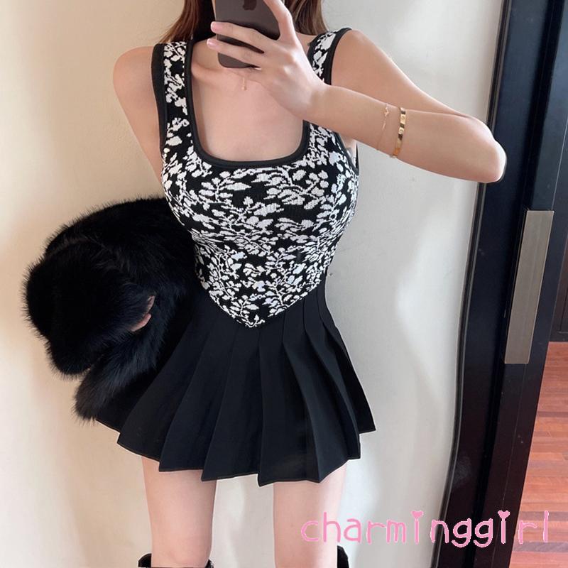 QAQ-Women´s Slim-fit Knit Tank Tops Sleeveless Contrast Color Floral Print U-shaped Neck Pullover