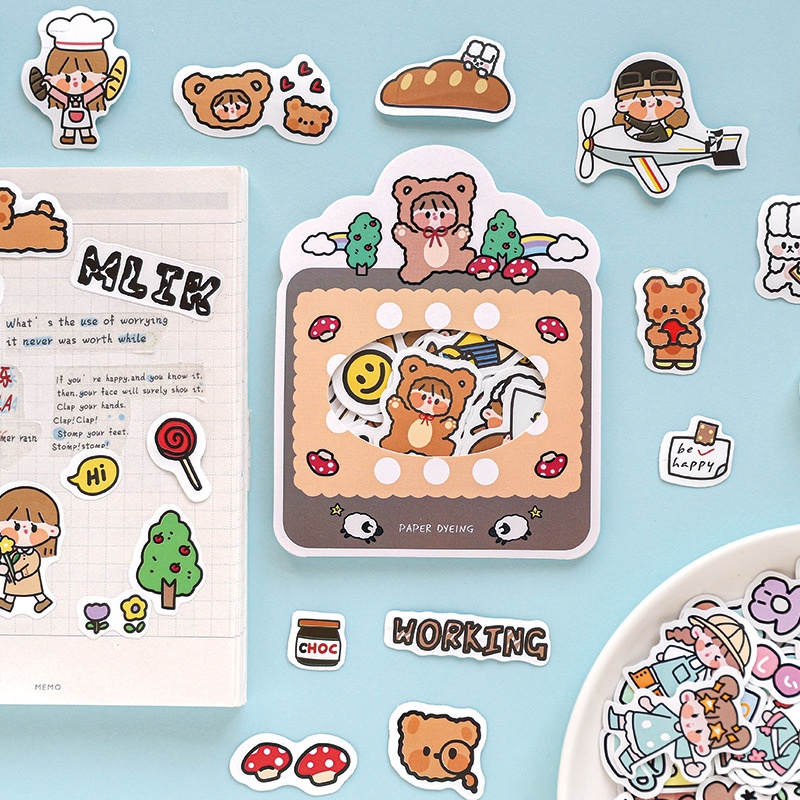 Set 100 miếng sticker hình cô gái & gấu thỏ cute