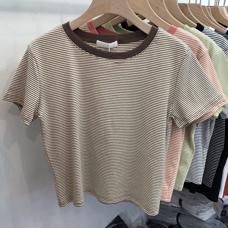 Áo thun cotton tay ngắn họa tiết kẻ sọc phong cách Hàn Quốc thời trang mùa hè 2022 dành cho nữ