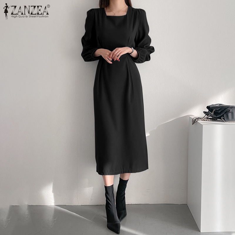 Đầm ZANZEA dáng dài cổ vuông tay dài phối dây buộc thời trang thường ngày cho nữ