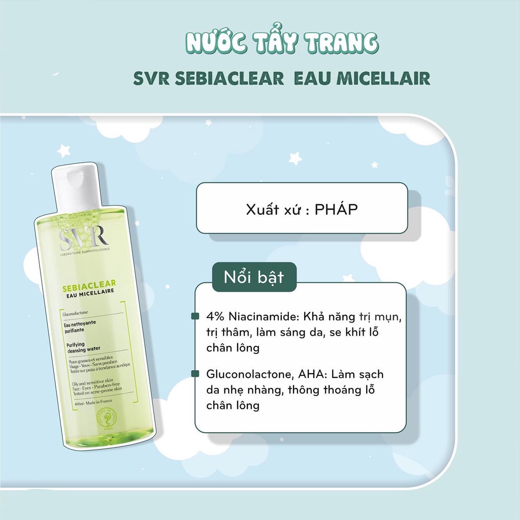 Nước tẩy trang cho da dầu mụn SVR Sebiaclear Eau Micellaire 400ML