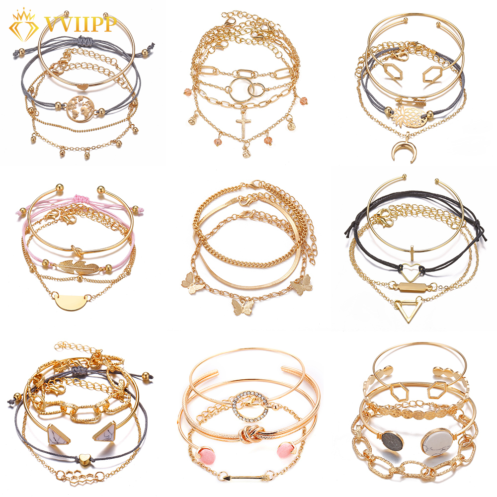 Vòng tay mạ vàng nhiều dây phong cách vintage thời trang dành cho nữ