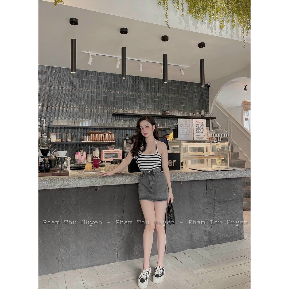 Áo yếm đính nút kiểu sọc ngang croptop cực xinh , chất thun gân dày dặn ly