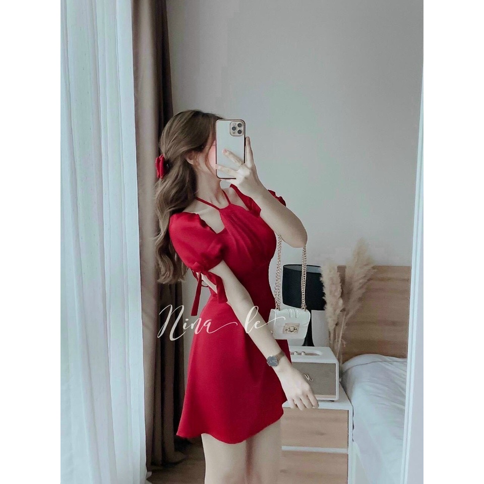 Đầm tiểu thư tay phồng, váy nữ đi tiệc dáng xòe bồng, đầm cổ yếm tay phồng, đầm nữ đi tiệc