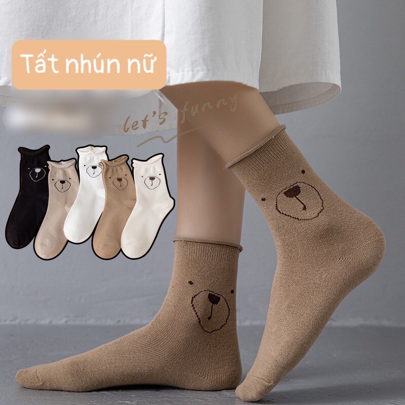 Set tất nhún cổ cao, vớ cổ họa tiết gấu vintage hoạt hình dễ thương T105