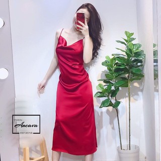 Váy 2 dây cổ đổ chất lụa