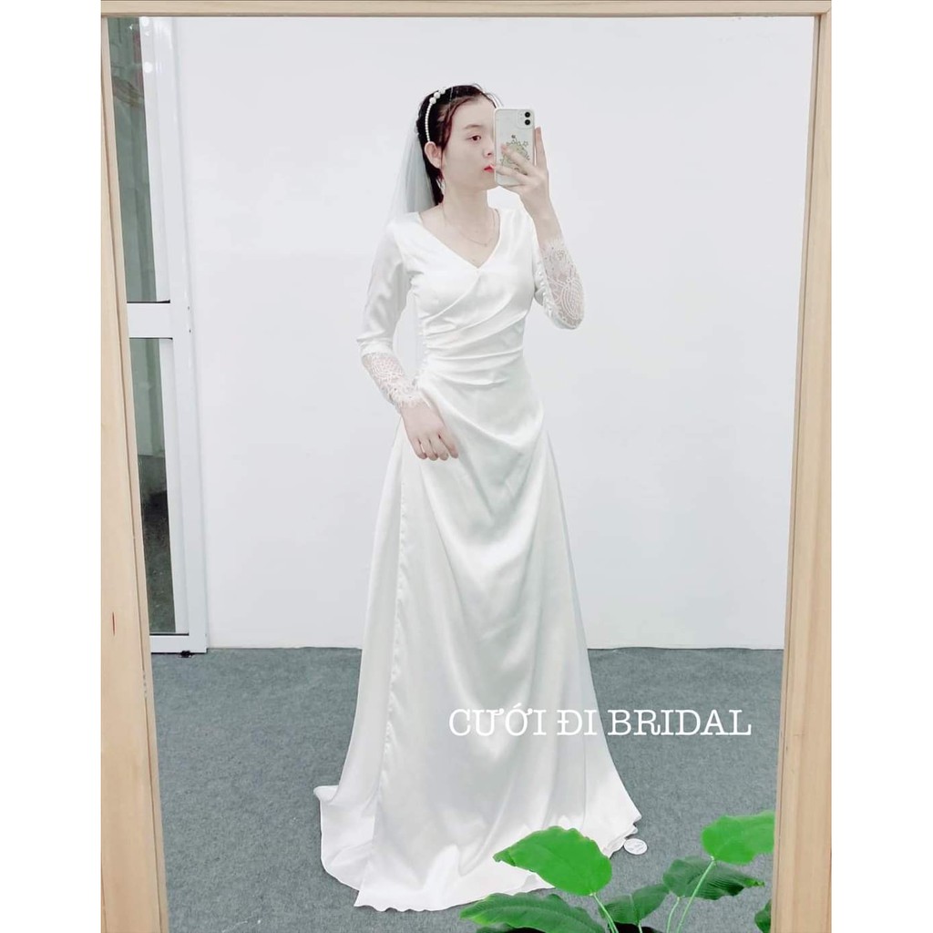 Váy cưới , Đầm cưới, Đầm thiết kế, Váy cưới đi bàn cổ tim tay dài CD93 - Cưới đi bridal