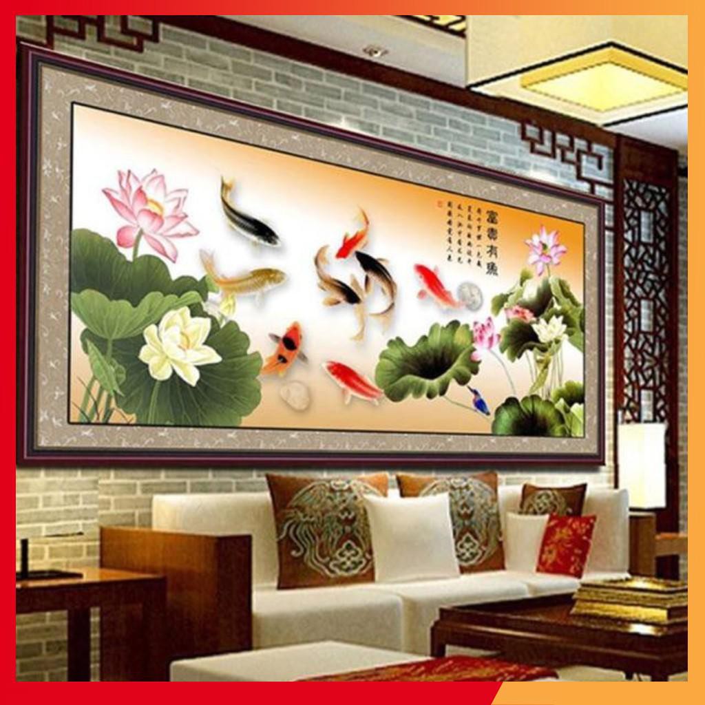 Tranh thêu chữ thập cửu ngư quần hội cá chép hoa sen Kích thước 149x68Cm