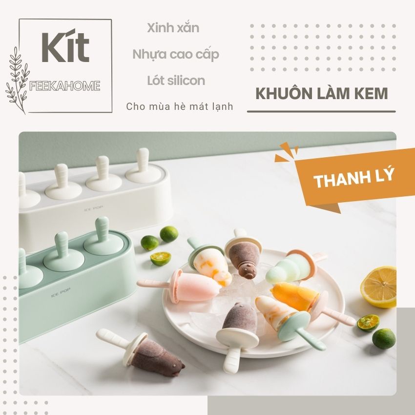 Khuôn làm kem cây silicon nhựa cao cấp ngăn mùi FEEKA, Khay làm kem que silicon 4 ô dạng tròn siêu đẹp