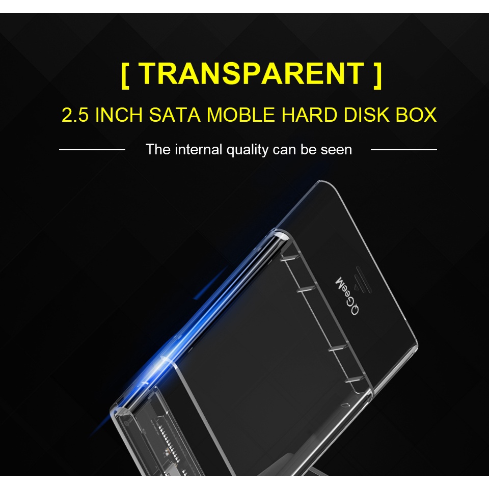 Hộp đựng ổ cứng trong suốt HDD/SSD 2.5&quot; QGeeM Type C to SATA I II III tốc độ cao lên tới 6Gbps kèm cáp Type C to USB-A