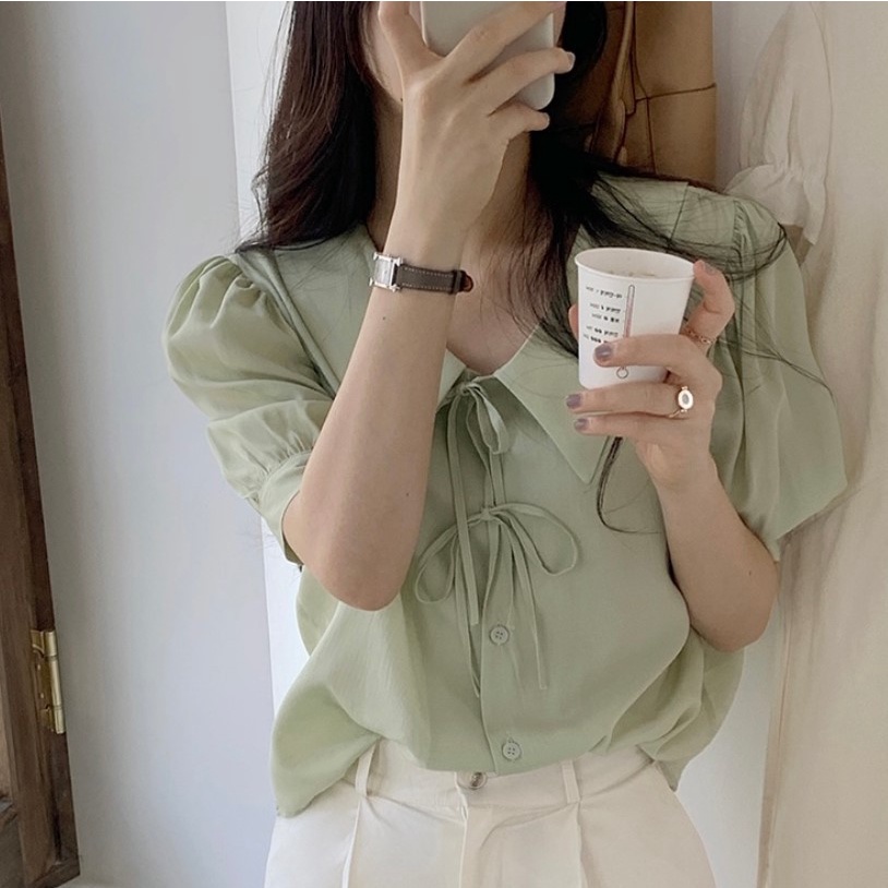 Áo sơ mi nữ tay phồng màu pastel cổ lạ thắt nơ xinh xắn tiểu thư phong cách Hàn Quốc 2022