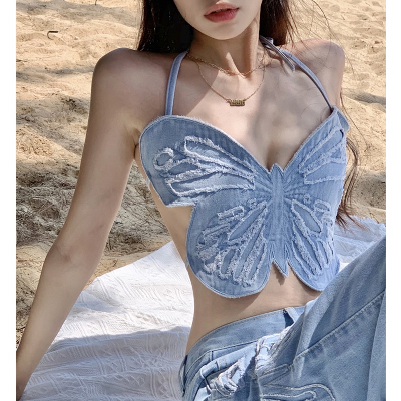 Áo Hai Dây Dáng Ôm Cột Dây Họa Tiết Bướm Thời Trang Quyến Rũ Cho Nữ