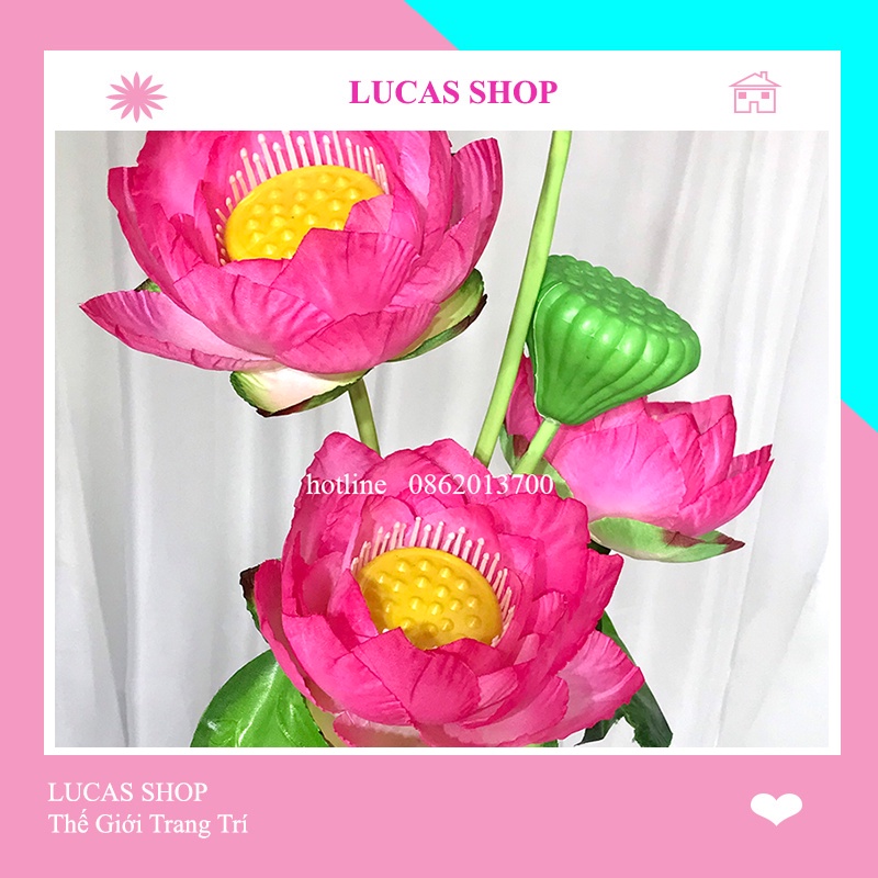 Hoa Sen Lụa - Hoa Giả Cao Cấp 3 Bông 1 Nụ Kèm Lá 90cm Decor Siêu Xinh