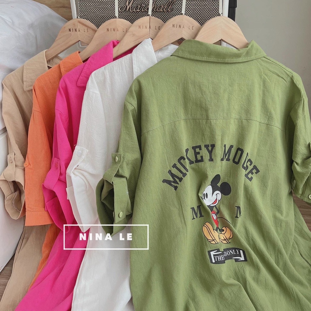 Đầm suông thời trang nữ mặc đi chơi chất đũi cổ sơ mi tay lỡ in mickeyy dáng dài nhiều màu dễ lựa chọn