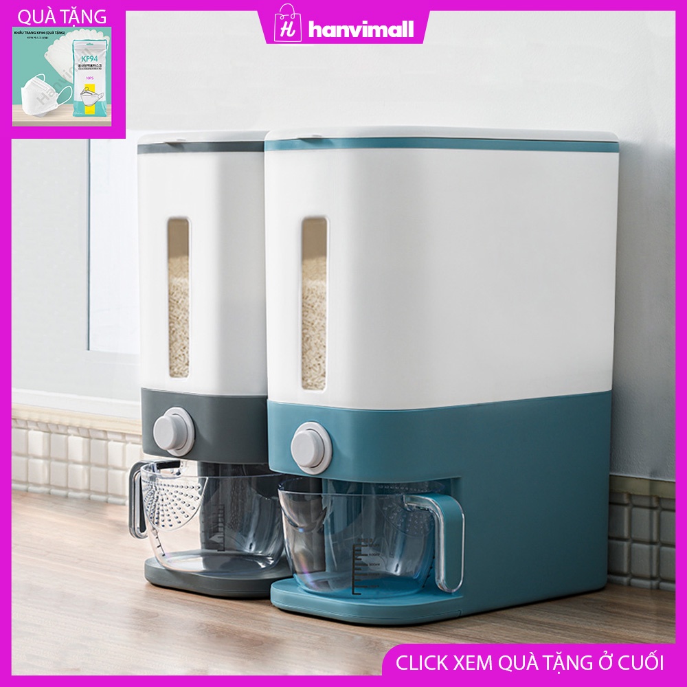 Thùng đựng gạo thông minh 12Kg - Thùng đựng gạo nắp bật chống ẩm mốc, côn trùng có kèm cốc đong vo gạo