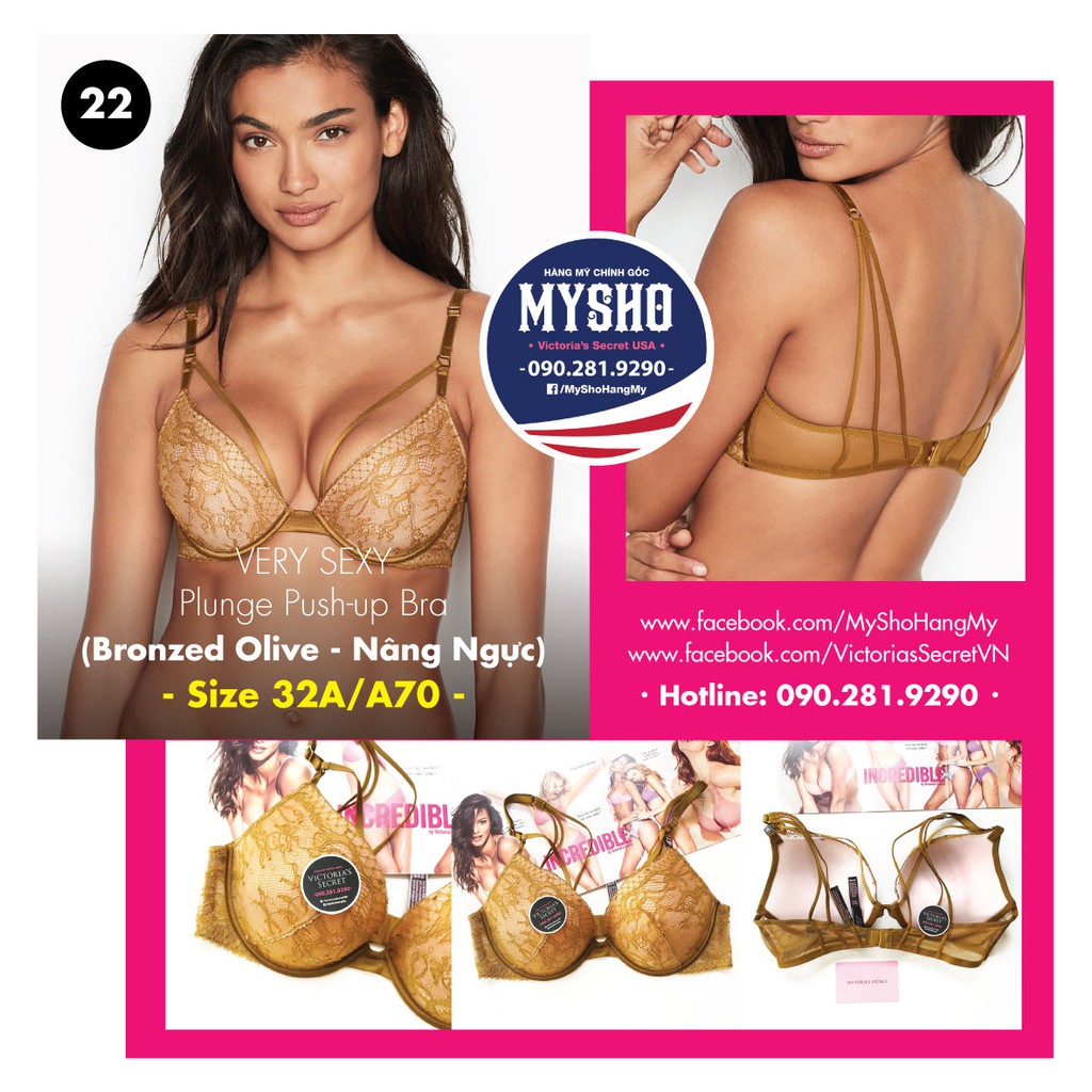 (bill Mỹ) 32A/A70 - Bộ quần áo lót vàng đồng (22) nâng ngực, dòng Very Sexy Plunge, Bronzed Olive - Victoria's Secret