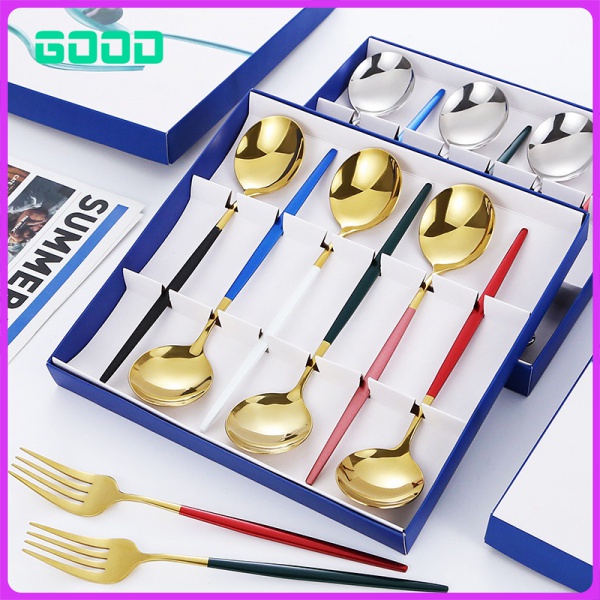 [Spot] Spoon gift box set Portugal stainless steel spoon six sets Black Gold round spoon Fork tablew