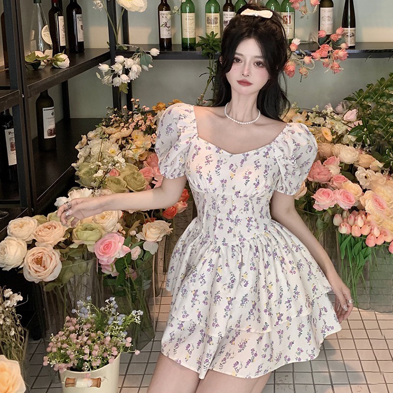 Đầm Tay Phồng Ngắn Cổ Vuông Ôm Eo In Họa Tiết Kiểu Retro Hàn Quốc Xinh Xắn Cho Nữ