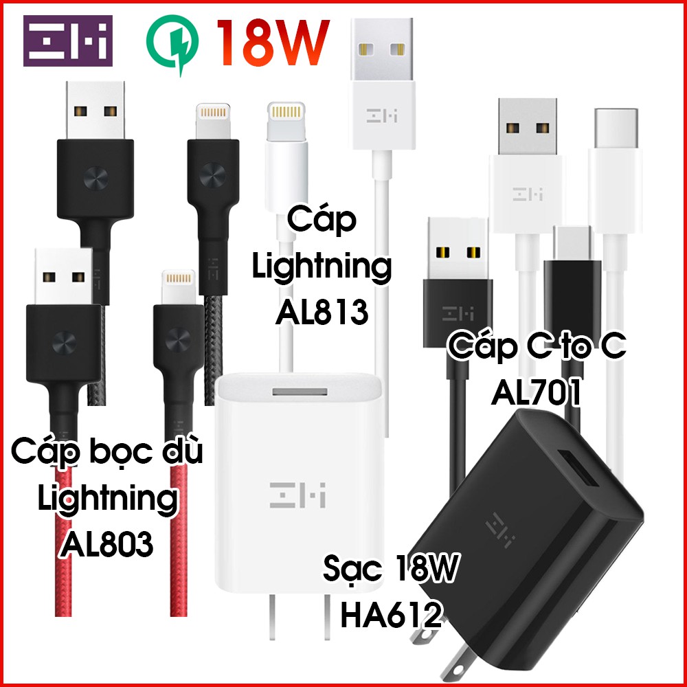 Củ sạc ZMI HA612 18W; Cáp Type C 3A AL701; Cáp Lightning 1m AL803, AL813 - Hỗ trợ Sạc Nhanh Cho iPhone , Android