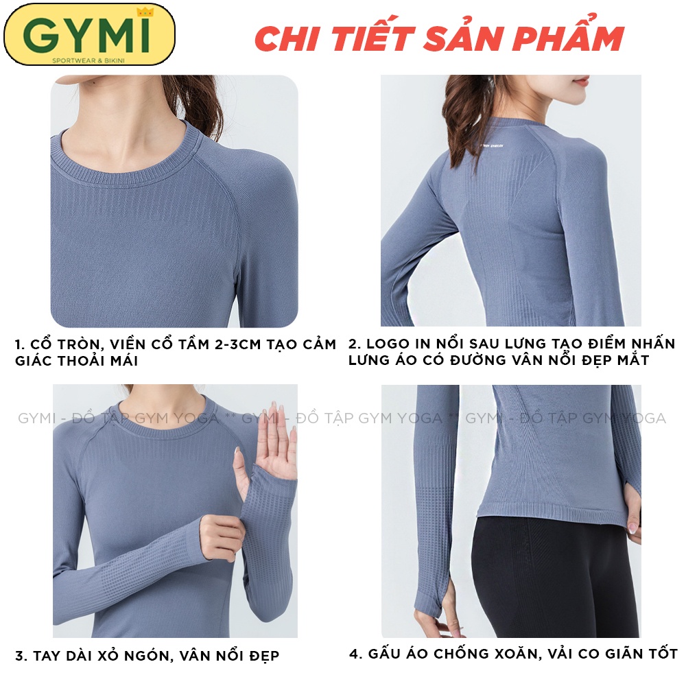 Áo tập gym yoga nữ dài tay GYMI AD21 dáng thể thao dài phủ bụng chất dệt kim dày dặn co giãn