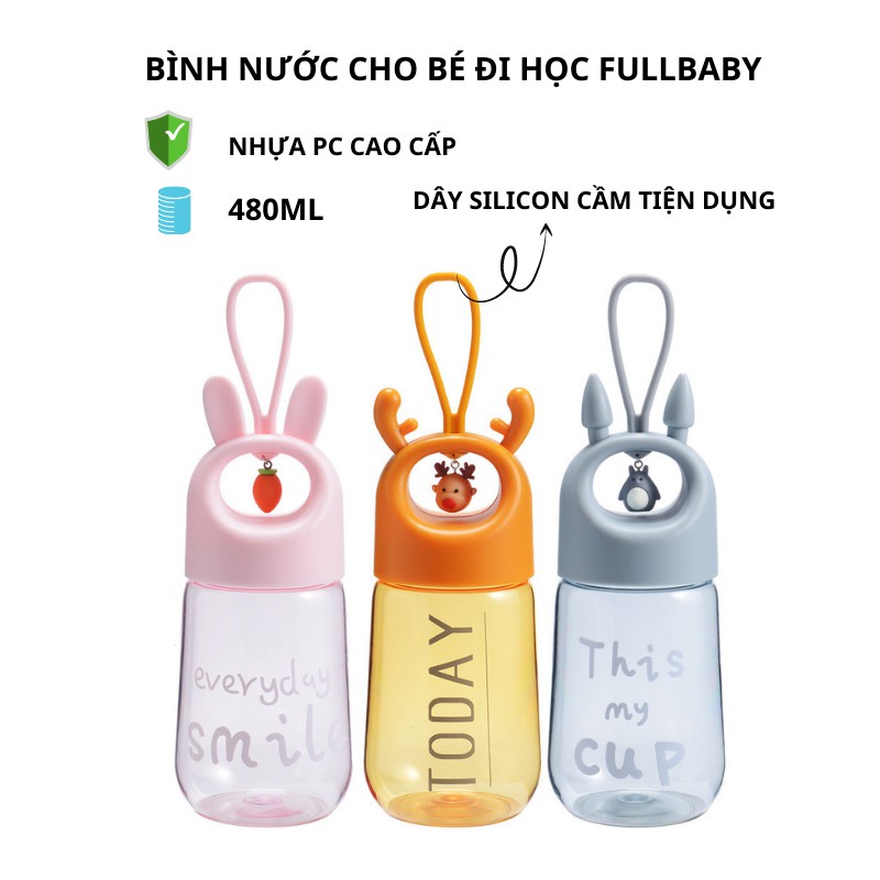 Bình Nước Cho Bé Đi Học Cute Nhựa An Toàn Chống Rò Rỉ Nước 480ml FBBBN04