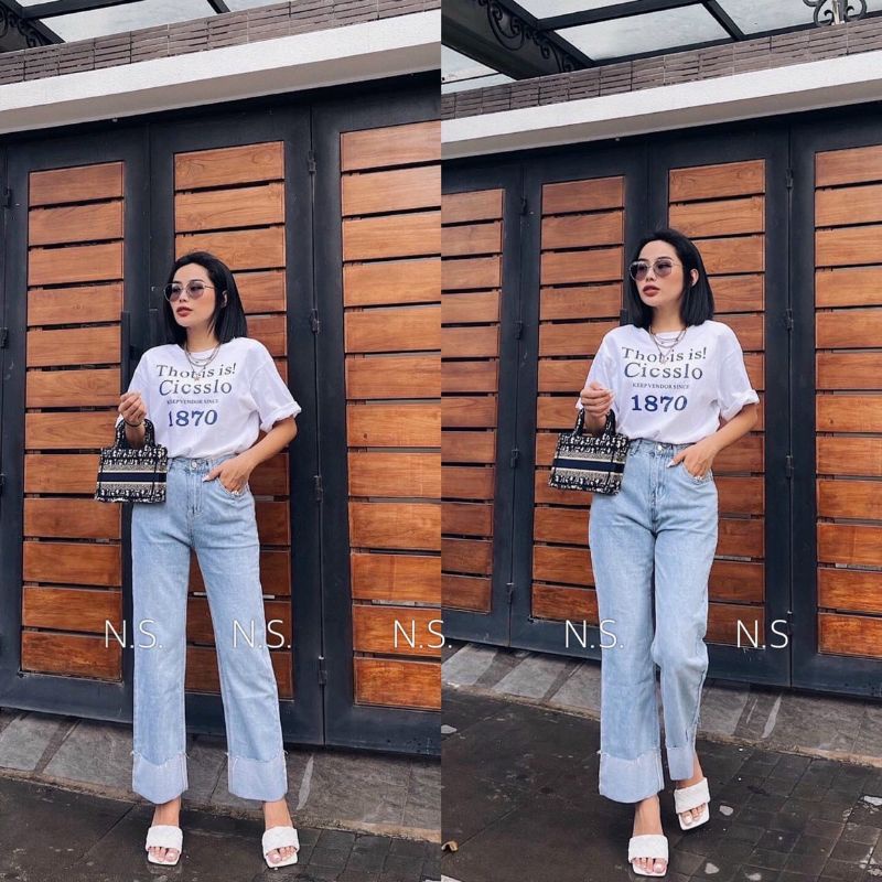 Quần jean suông gập gấu hàng L1