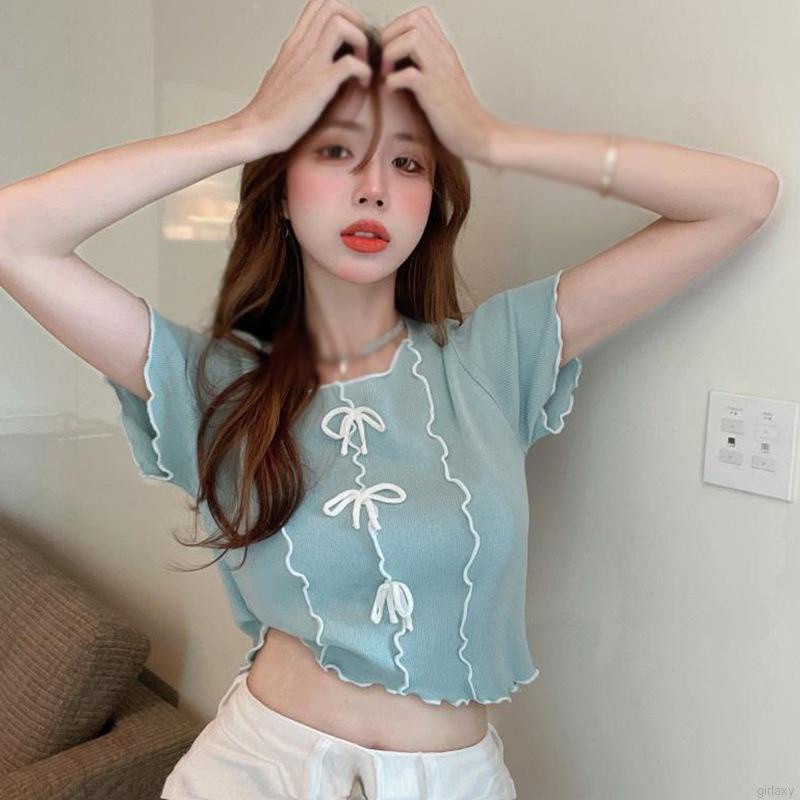Áo Croptop Dệt Kim Tay Ngắn Cổ Tròn Phối Nơ Phong Cách Hàn Quốc Cho Nữ