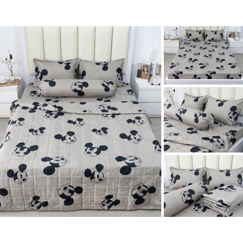 Bộ chăn ga gối micky nâu cotton poly, set chăn ga gối micky cotton poly miễn phí bo chun ga giường