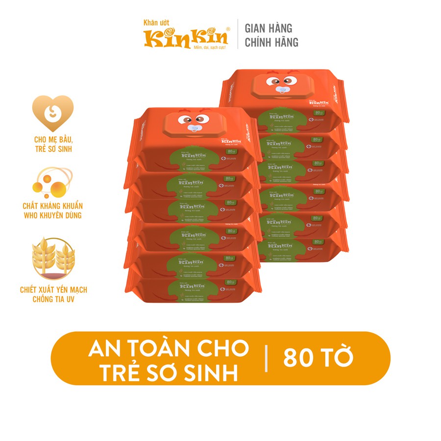 Combo 12 gói Khăn ướt Kin Kin 80 tờ/gói không mùi/mùi trà xanh, an toàn tiện lợi